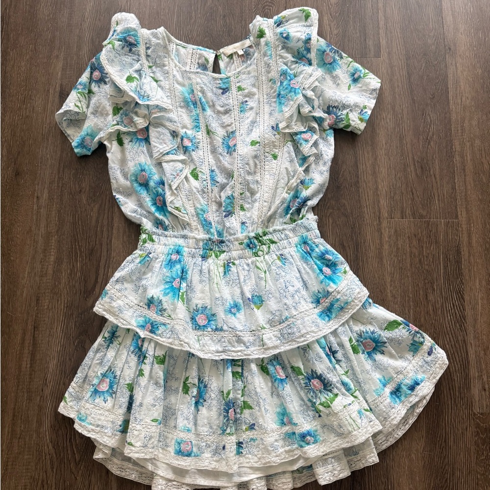 LoveShackFancy White Dress with Blue and Green Floral Print